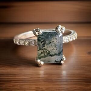 Vintage Sterling Silver Moss Agate Ring Size 8 Emerald Cut Dendritic Style 925